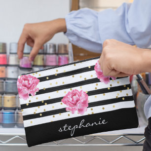 Personalised Floral Black Stripe Cosmetic Accessory Pouch