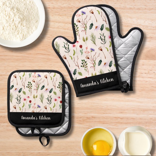 Personalised Floral Bloom Greenary Script Colourfu Oven Mitt & Pot Holder Set (Creator Uploaded)