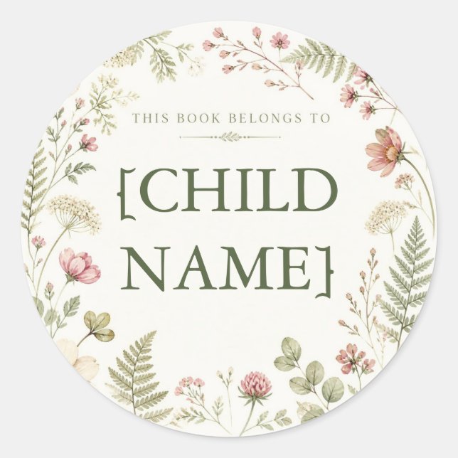 Personalised Floral Bookplate for Kids Classic Round Sticker (Front)