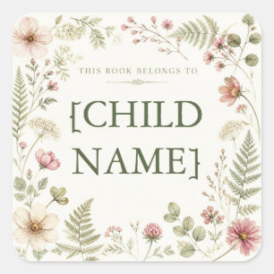 Personalised Floral Bookplate for Kids Square Sticker