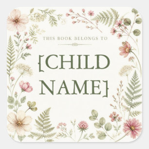 Personalised Floral Bookplate for Kids Square Sticker