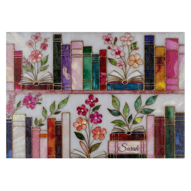 Personalised Floral Bookshelf Glass Cutting Board (Front)