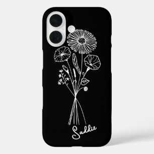 Personalised Floral Bouquet Black & White Line Art iPhone 16 Case
