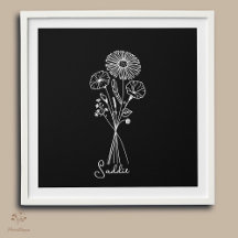 Personalised Floral Bouquet Black & White Line Art