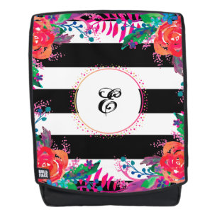 personalised floral bunches and black striped backpack