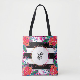 personalised floral bunches and black striped tote bag
