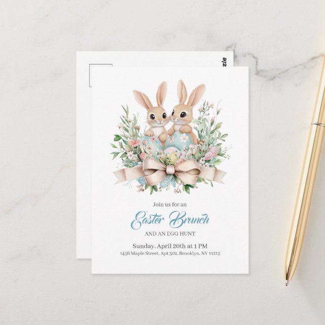 Personalised Floral Bunny Easter Brunch In Invitat Postcard (Front/Back In Situ)