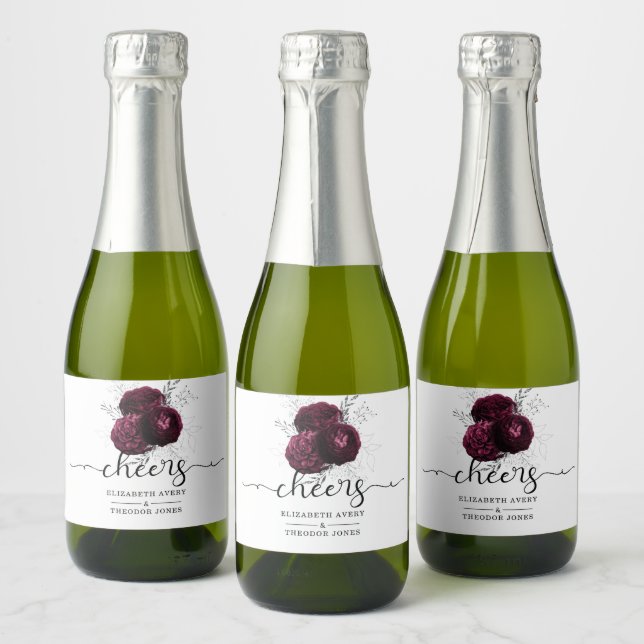 Personalised Floral Burgundy Wedding Sparkling Wine Label (Bottles)