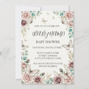 Personalised Floral Butterfly Baby Shower Invitation