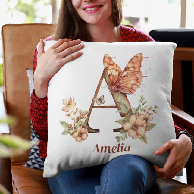 Personalised Floral Butterfly Letter A Monogram Cushion (Creator Uploaded)