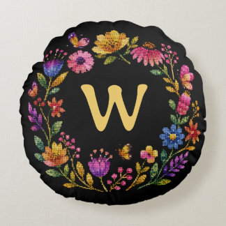 Personalised Floral Butterfly Monogram Wreath Round Cushion