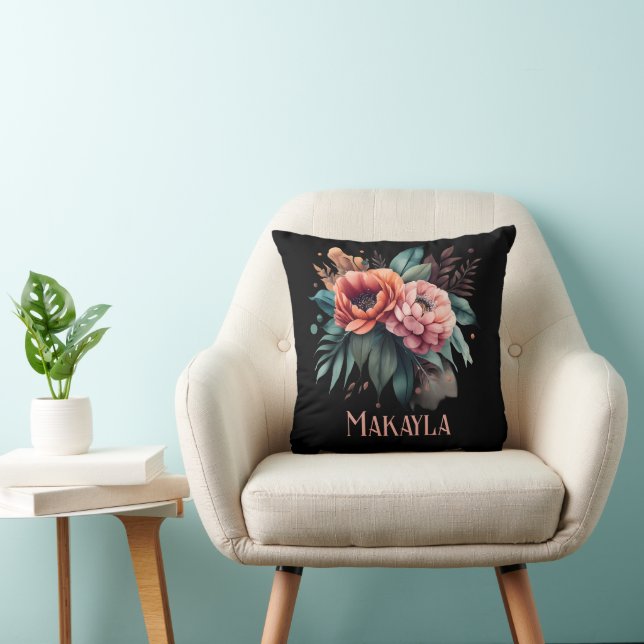Personalised Floral Chic Peonies on Black Cushion (Chair)