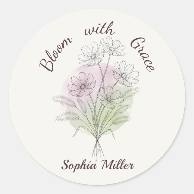 Personalised Floral Cosmos Botanical Custom Name Classic Round Sticker (Front)