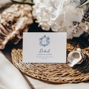 Personalised Floral Crest Wedding Details Navy RSVP Card