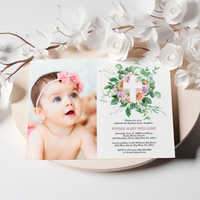 Personalised Floral Cross Photo Baptism Invitation (Creator Uploaded)