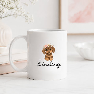 Personalised Floral Dachshund Puppy Name Coffee Mug