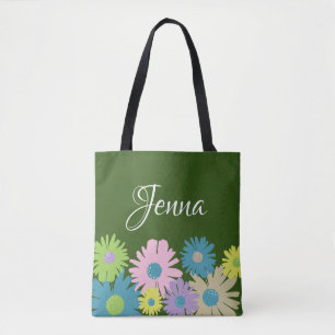 Personalised Floral Daisy Pink Green Blue Tote Bag