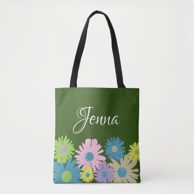 Personalised Floral Daisy Pink Green Blue Tote Bag (Front)
