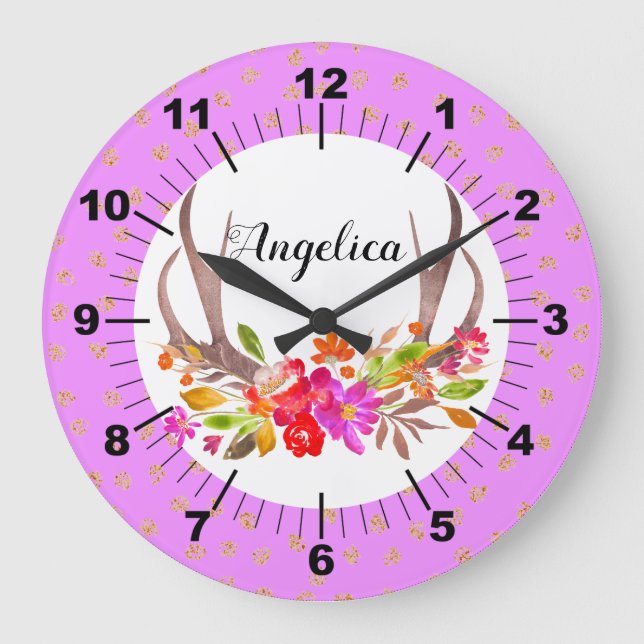 Personalised Floral Deer Antlers Large Clock (Front)