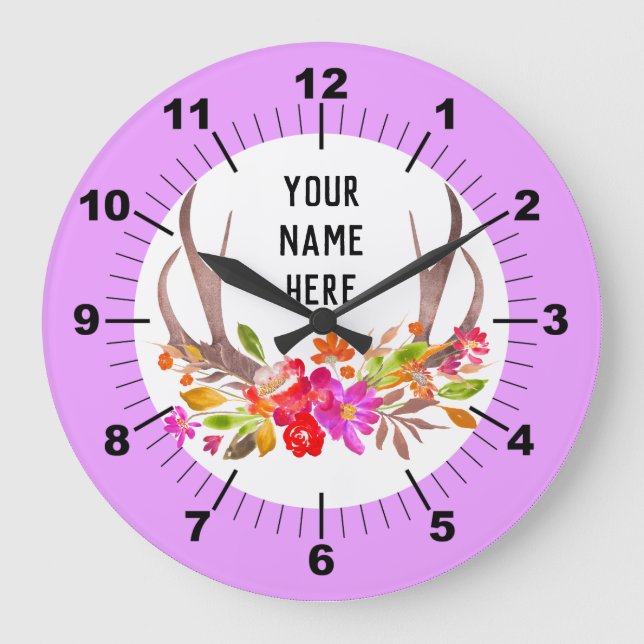 Personalised Floral Deer Antlers Large Clock (Front)