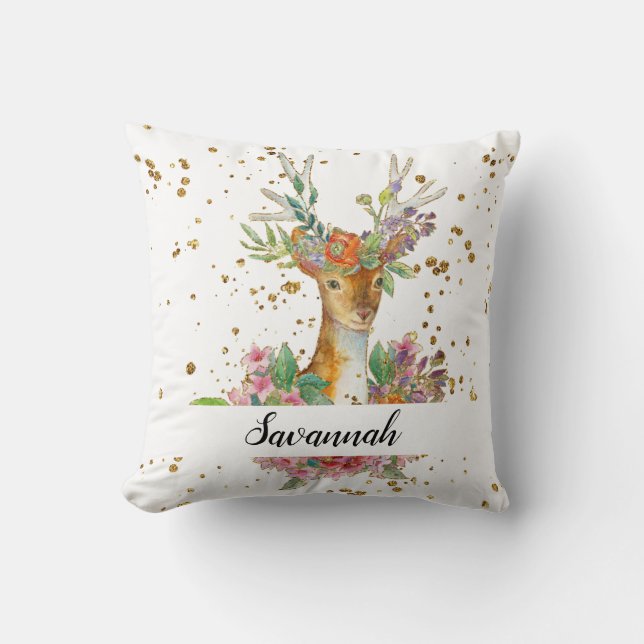 Personalised Floral Deer Cushion (Front)