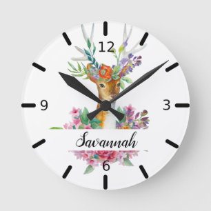 Personalised Floral Deer Round Clock