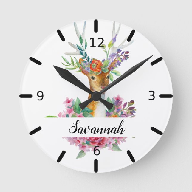 Personalised Floral Deer Round Clock (Front)