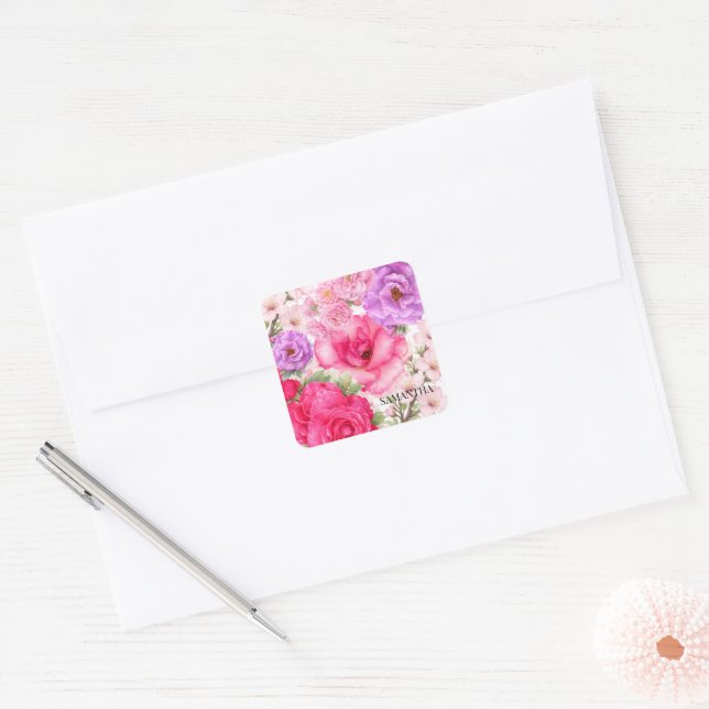 Personalised Floral Design Square Sticker (Envelope)