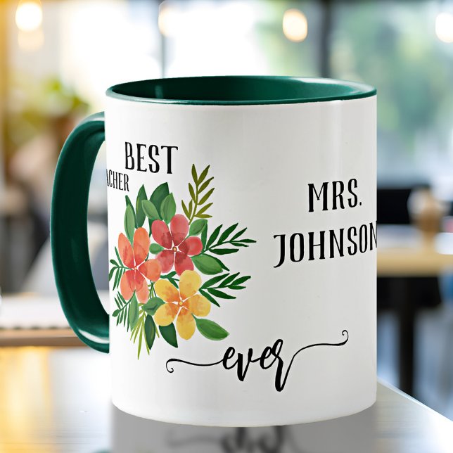 Personalised Floral Design Teacher Appreciation Mug (Elegant teacher appreciation mug featuring a watercolor painting of flowers)
