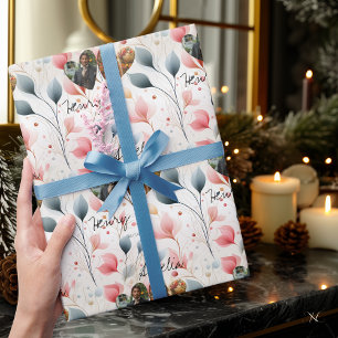 Personalised Floral Elegance with Photos and Names Wrapping Paper