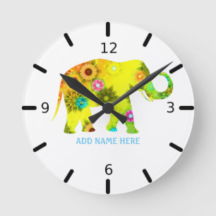 Personalised Floral Elephant   Round Clock