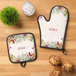 Personalised Floral Garden Colourful Flowers Oven Mitt & Pot Holder Set