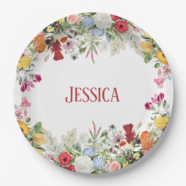 Personalised Floral Garden Colourful Flowers Paper Plate (Front)