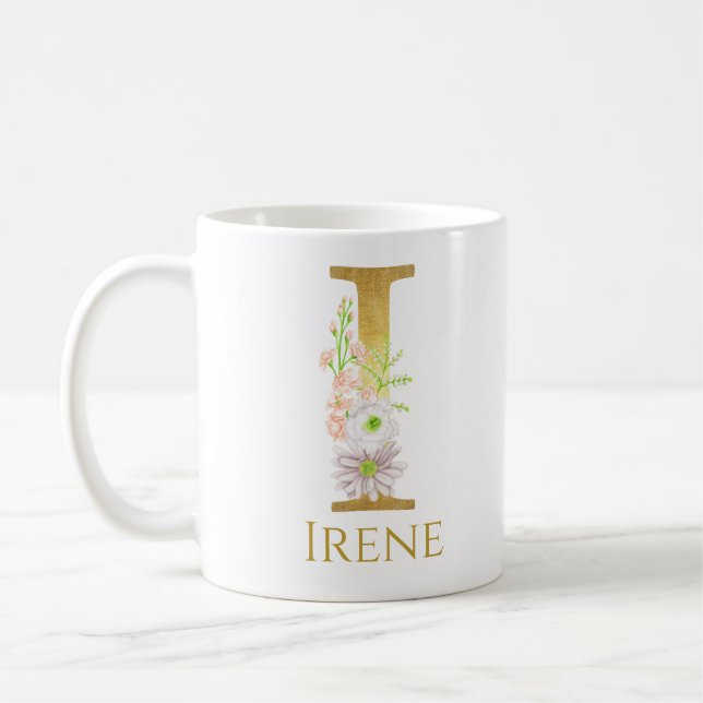 Personalised Floral Gold Monogram Letter I Custom Coffee Mug (Left)