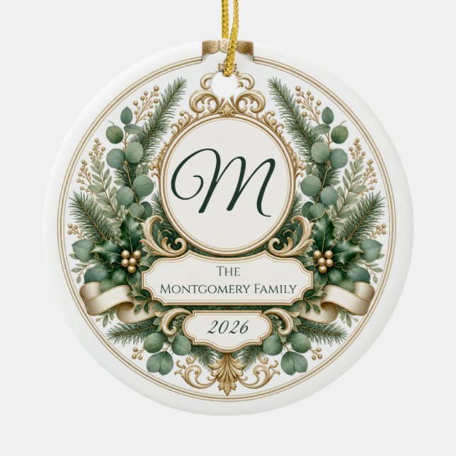 Personalised Floral Greenery Family Ceramic Tree Decoration (Front)