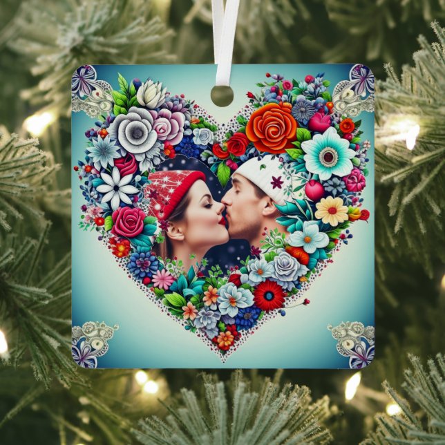Personalised Floral Heart Frame Christmas Gift Metal Tree Decoration (Insitu)