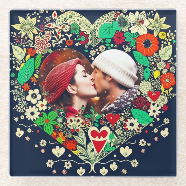 Personalised Floral Heart Frame Photo Glass Coaster (Front)