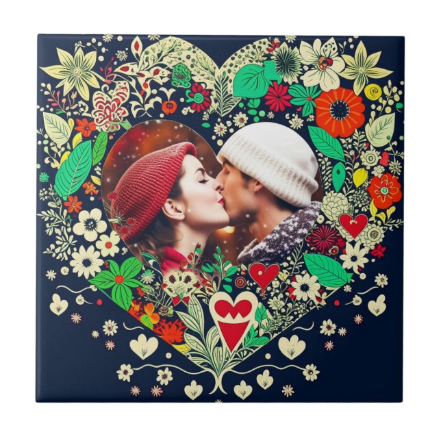 Personalised Floral Heart Frame Photo Tile (Front)