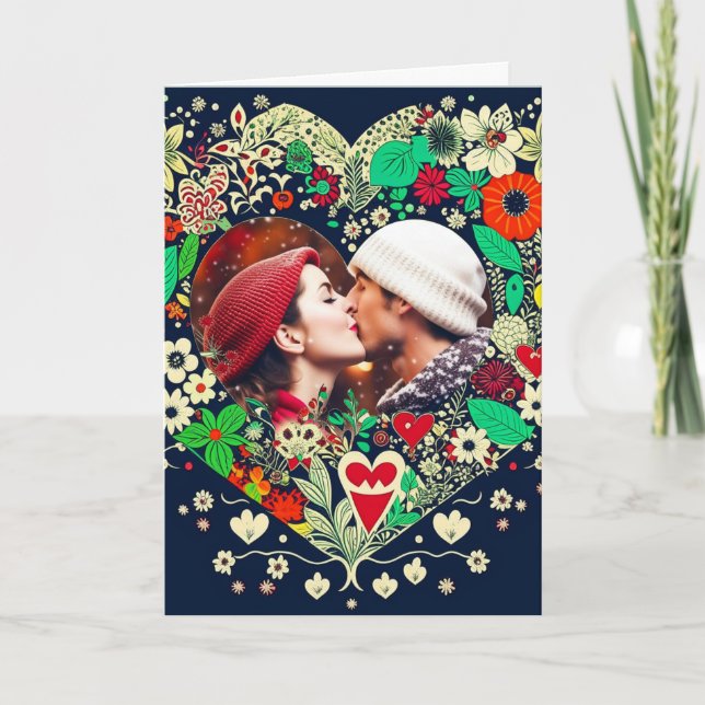 Personalised Floral Heart Frame Romantic Christmas Card (Front)