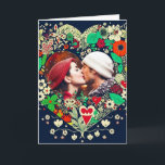 Personalised Floral Heart Frame Romantic Christmas Card<br><div class="desc">Personalised Christmas card. Pretty red,  dark blue and beige colourful flowers whimsical folk art style floral heart. Add a picture of you and your partner in the personalise area.</div>