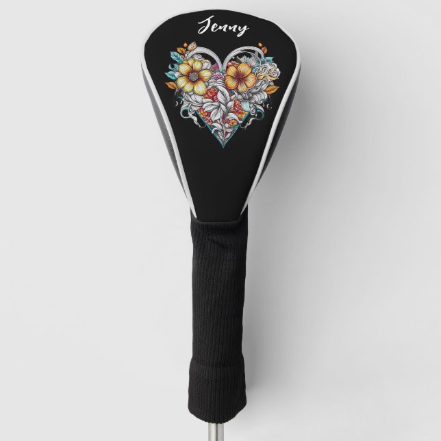Personalised Floral Heart Romantic Golf Head Cover (Front)