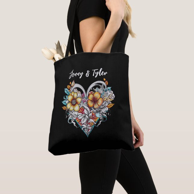 Personalised Floral Heart Romantic Tote Bag (Close Up)