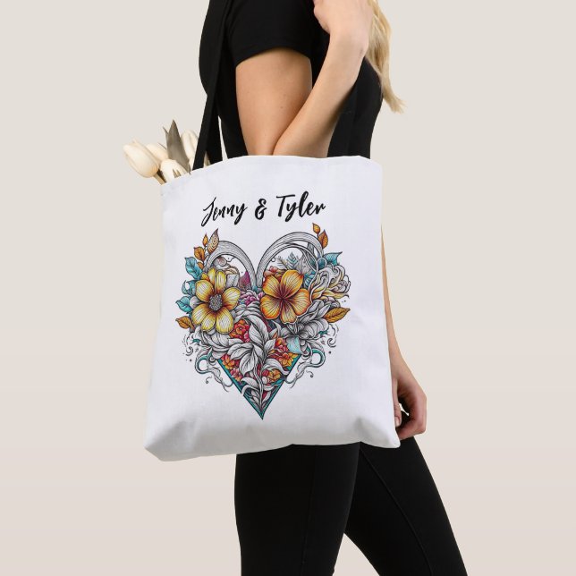 Personalised Floral Heart Romantic Tote Bag (Close Up)