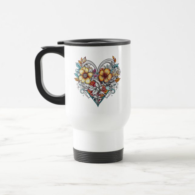 Personalised Floral Heart with Sentimental Message Travel Mug (Left)