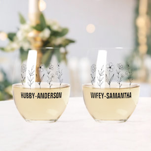 Personalised Floral Hubby & Wifey Couple  Stemless Wine Glass
