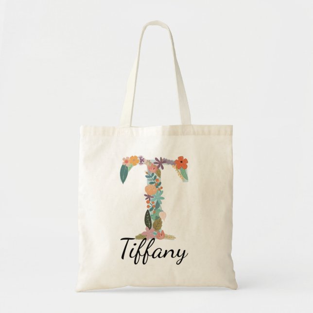 Personalised Floral Initial Custom Name Monogram  Tote Bag (Front)