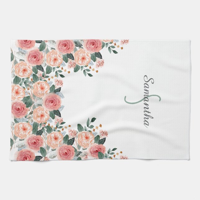 Personalised Floral Kitchen Towels - Initial&Name (Horizontal)
