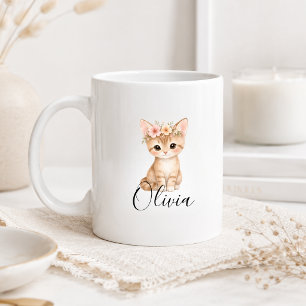 Personalised Floral Kitten Name Watercolor Cat Coffee Mug