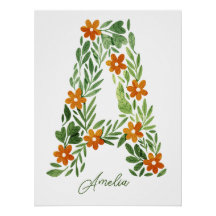 Personalised Floral Letter A with Orange Flowers P