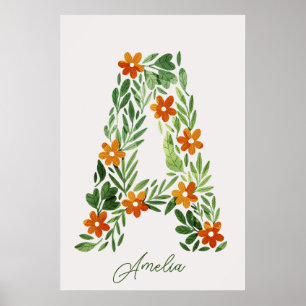 Personalised Floral Letter A with Orange Flowers Poster